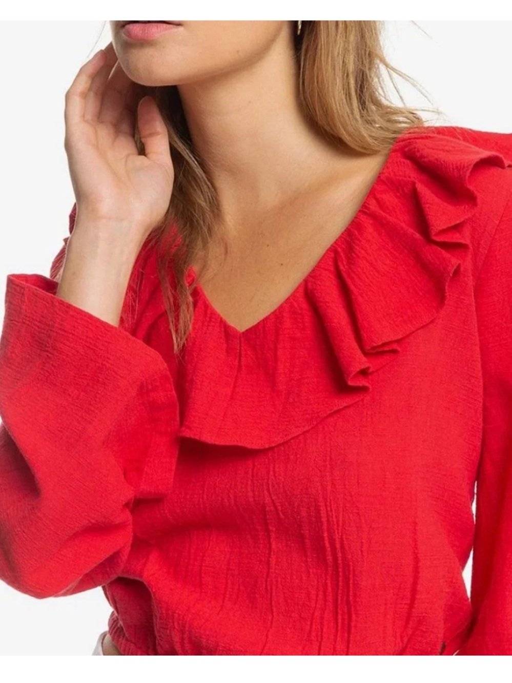 Red Roxy Ruffle-Neck Long-Sleeve Women's Top - Picture 4 of 6